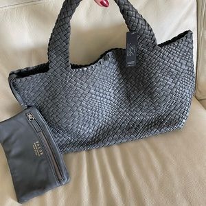 FALOR Italian Woven Leather, DARK GREY TOTE Shoulder Bag XL Soft Buttery NWT